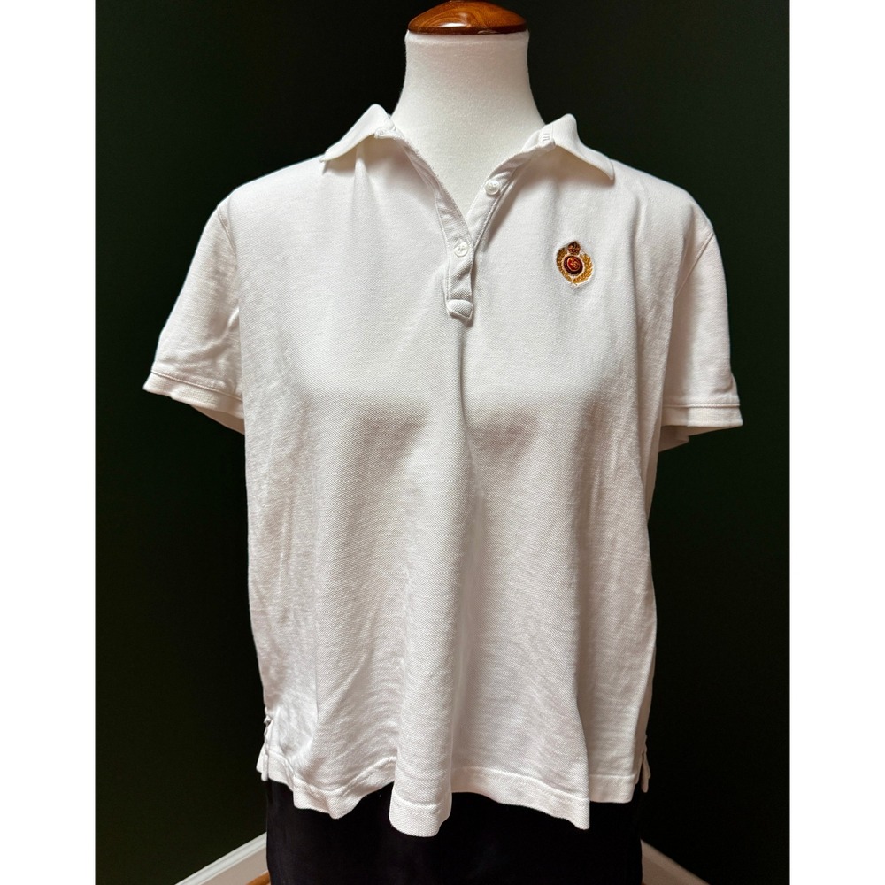 Vintage Liz Sport Polo Shirt White Short Sleeve‎ Collared Crest Logo Top